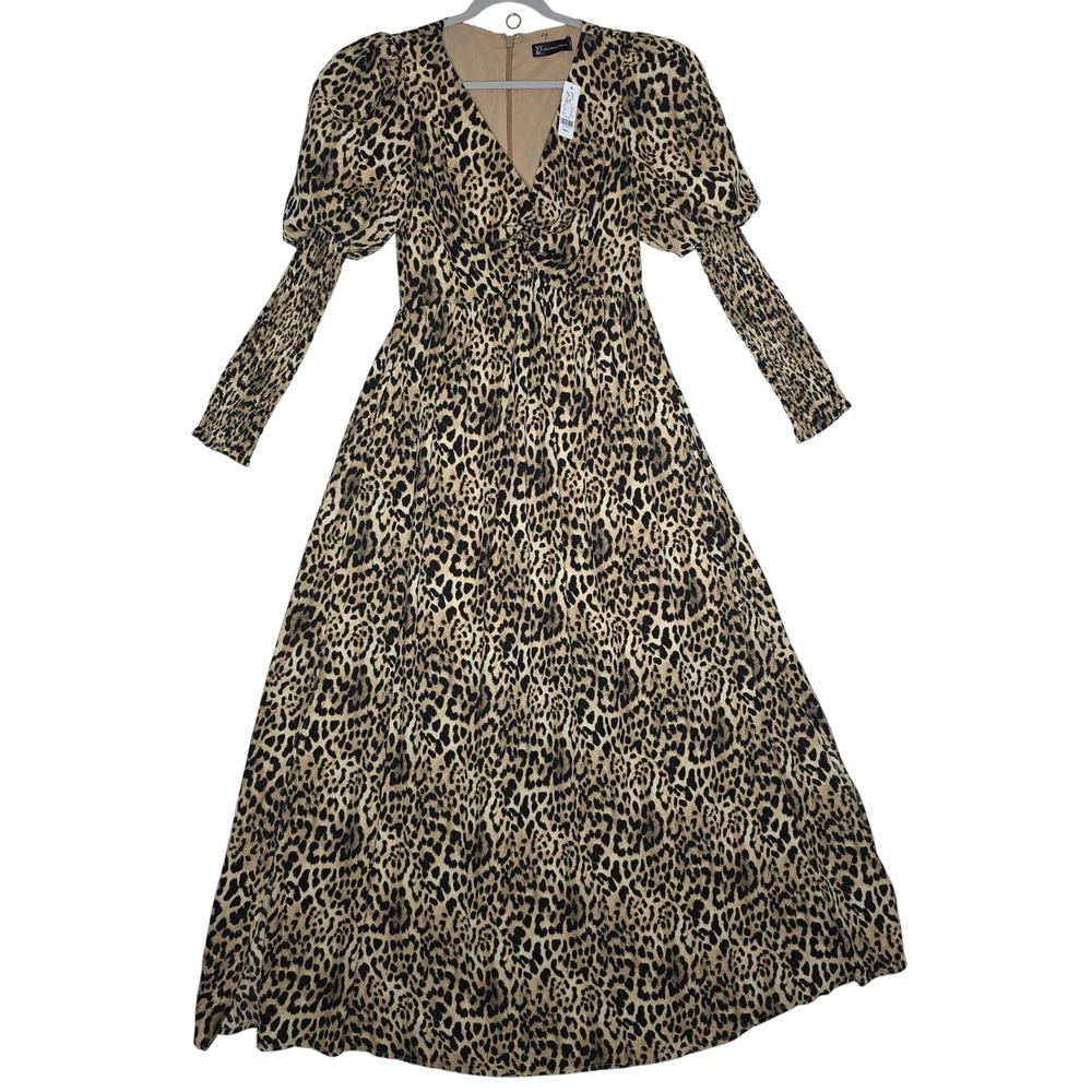 NY&Company NWT Leopard Print Maxi Dress Puff Sleeve  Neck Long Sleeve Size Small